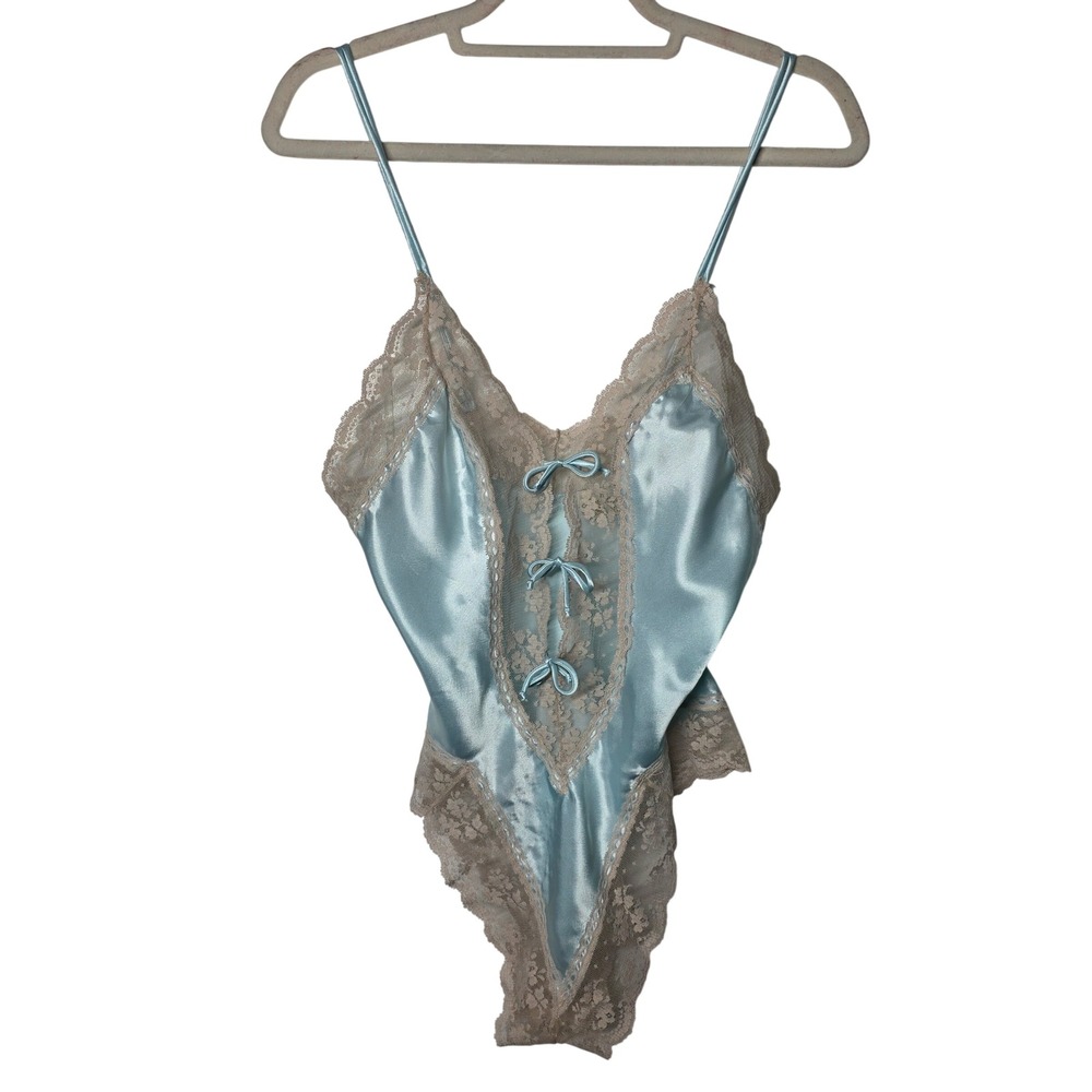 Vintage Victorias Secret Gold Label Blue Satin Lace Teddy Bodysuit Medium 5351-A